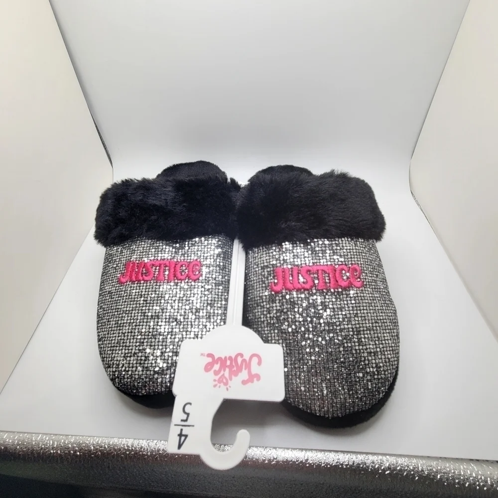 NWT Justice Size 4/5 Child Slippers Faux Fur Black Pink Embellished Spar…